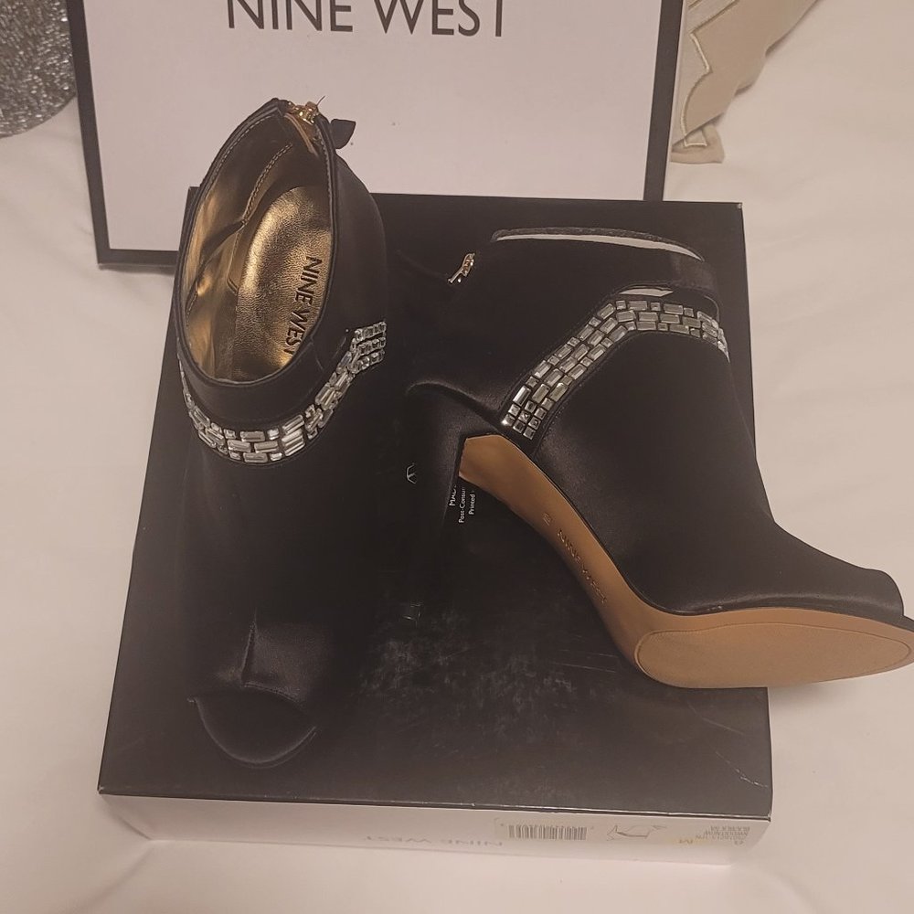 Nine West Black SATIN  and Sequin Open Toe AnkleBoot Size 8M